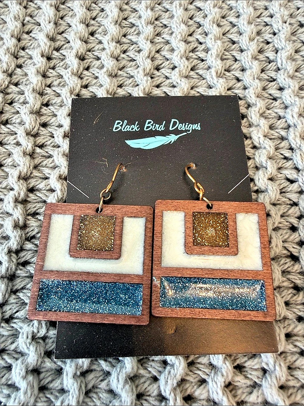 Black Bird Designs Geometric Dangle Earrings Brown & Blue